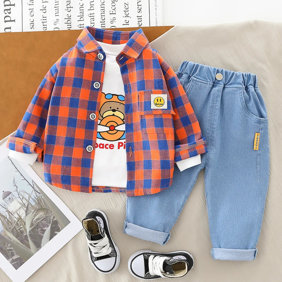 Outfit a cuadros: Camisa y vaqueros (3 elementos, 1–5 años)