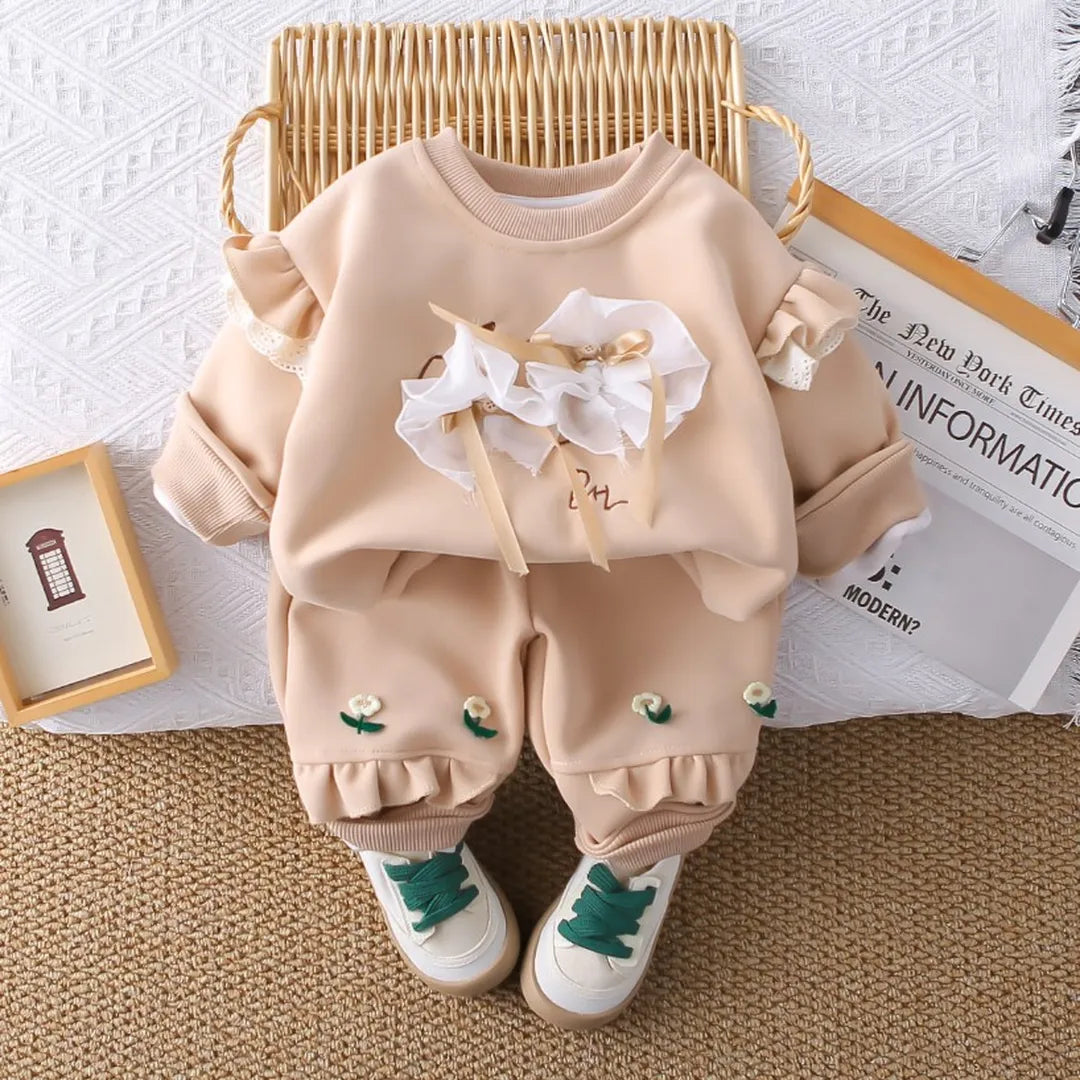 Conjunto Infantil de 2 Piezas con Lazos y Volantes (Beige, Rosa, Blanco) - 1 a 5 años