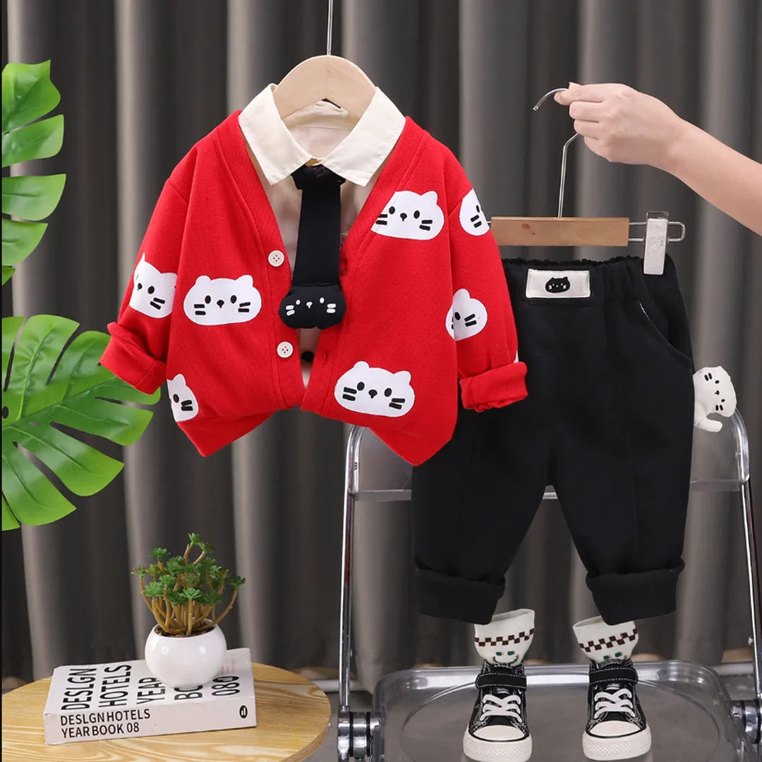 Pack 3 Piezas Niño: Cárdigan de Gatos y Corbata (1-5 años)