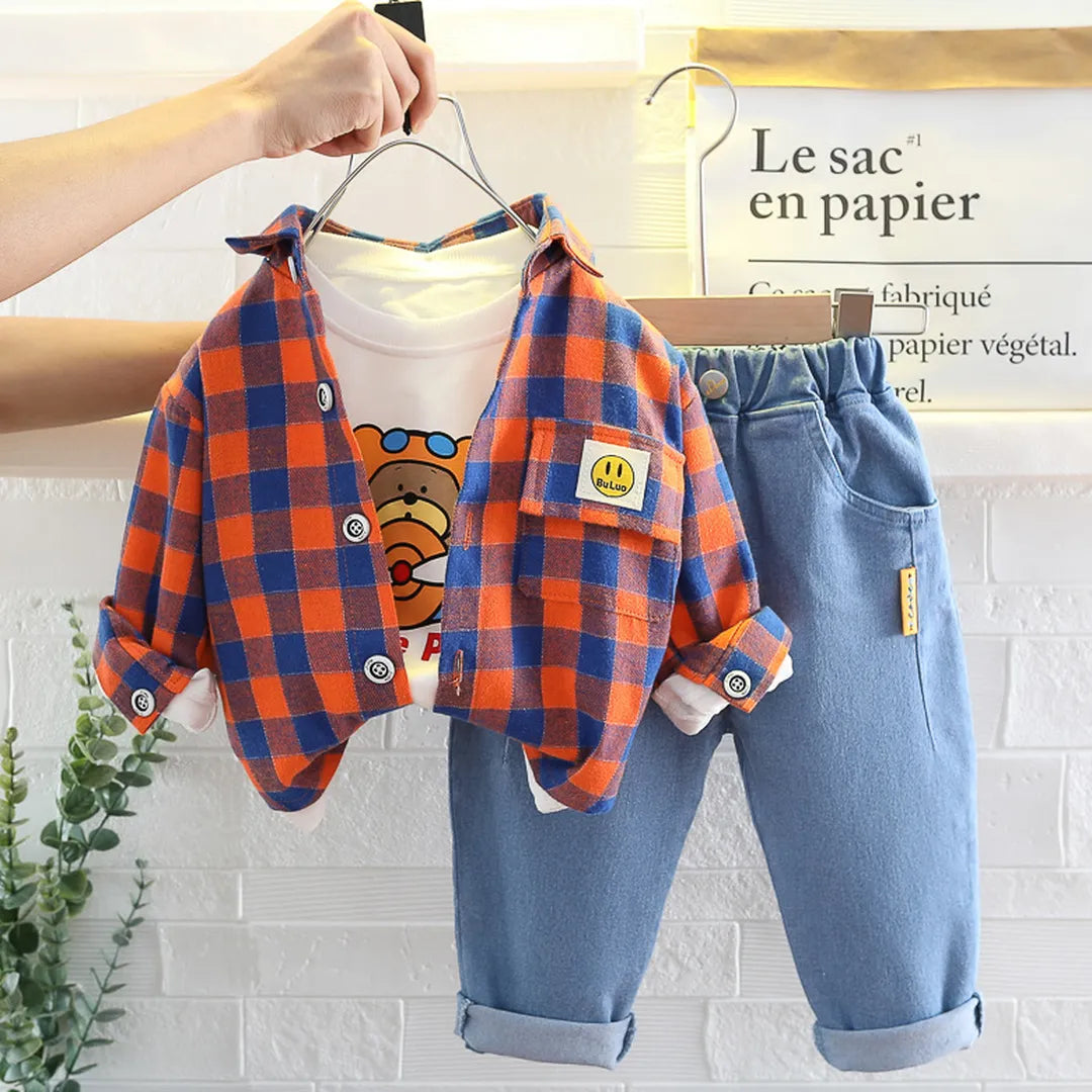 Outfit a cuadros: Camisa y vaqueros (3 elementos, 1–5 años)