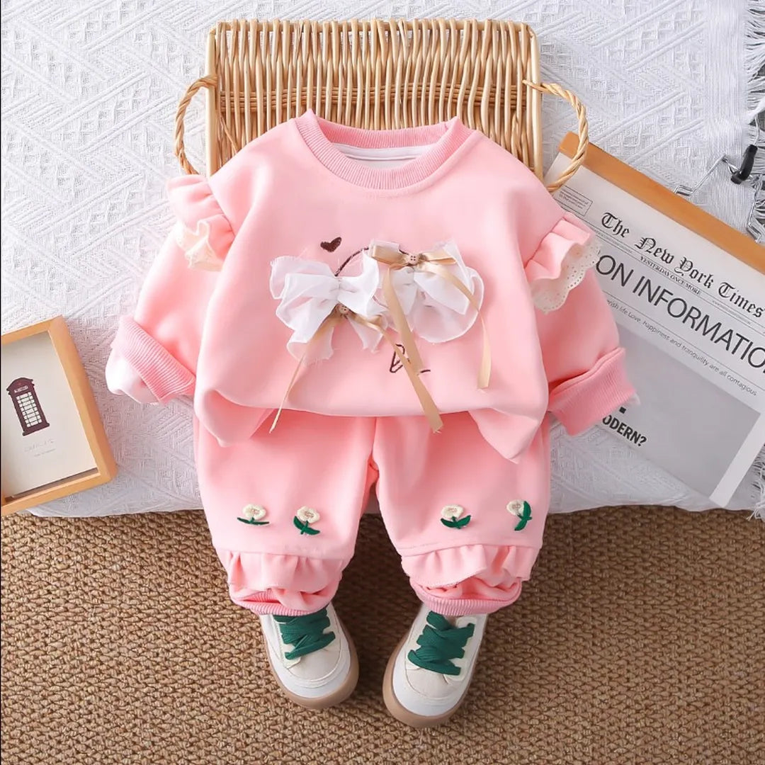 Conjunto Infantil de 2 Piezas con Lazos y Volantes (Beige, Rosa, Blanco) - 1 a 5 años